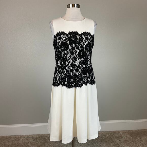 Calvin Klein Lace and Crepe Fit and Flare Cocktail Dress White and Black Size 6 - Picture 2 of 11